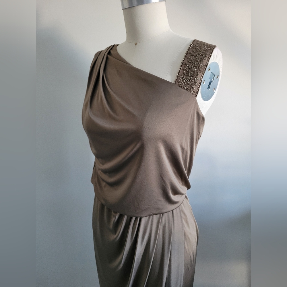 LIDA BADAY drapey brown Grecian inspired asymmetrical dress with beaded strap